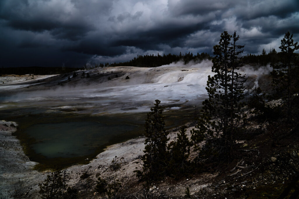 Norris Geyser Basin in stormy weather, Yellowstone National Park