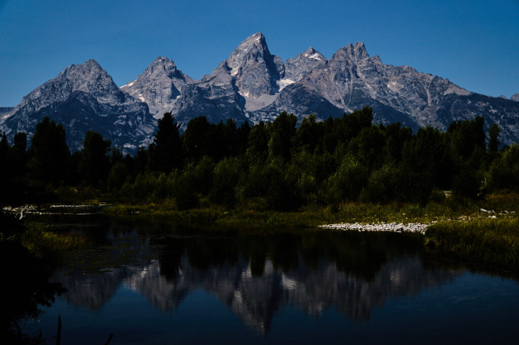 Grand Tetons reflected in river, Schwabacher Landing, Grand Teton National Park
